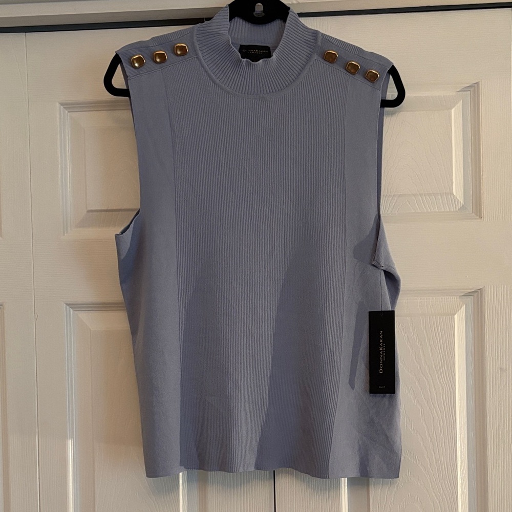 Donna Karan Blue Sleeveless Ribbed Tank with Gold Buttons